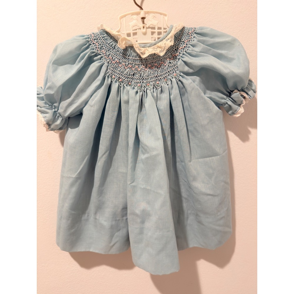 Vintage 80s The Smockery Blue Hand Smocked Lace Trim Baby Dress 24m